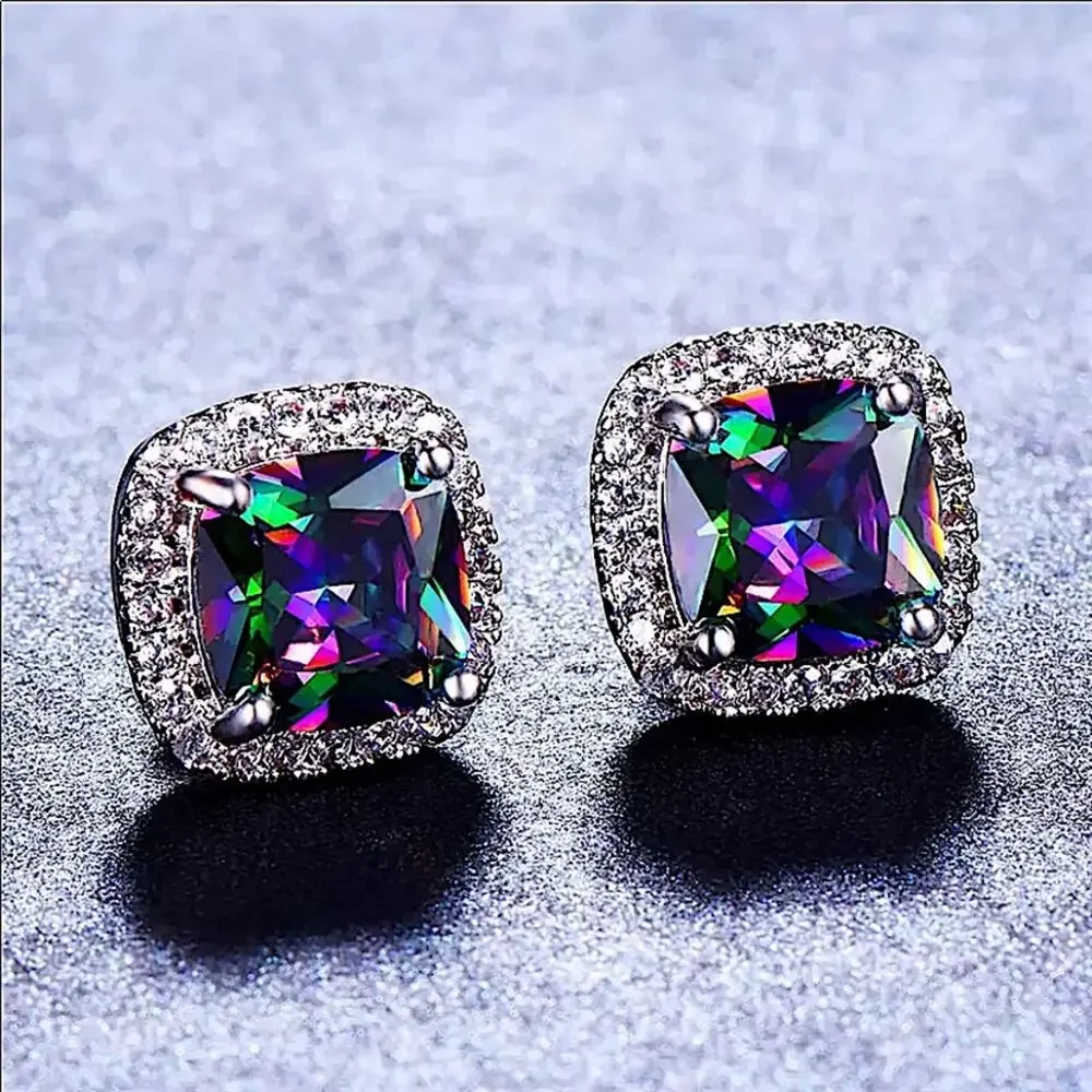 Mystic Fire Topaz Stud Earrings, Square, Princess Cut - Picture 4 of 10